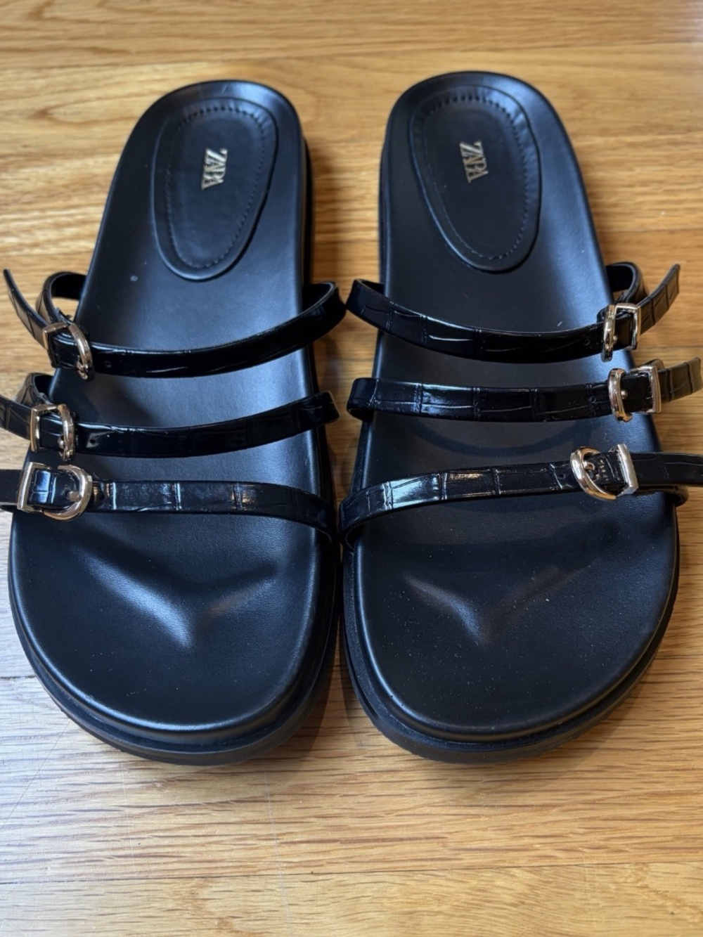 Zara Women’s Black Strappy Adjustable Buckle Flat Slide Sandals EU 40 US 9